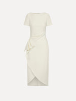 The Drape-Detail Wool Dress in Ivory. Front View.