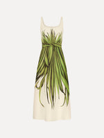 The Palm Leaves Cotton Poplin Dress. Featuring a scoop neckline, tank straps, cinched waist, and midi length. Front View.