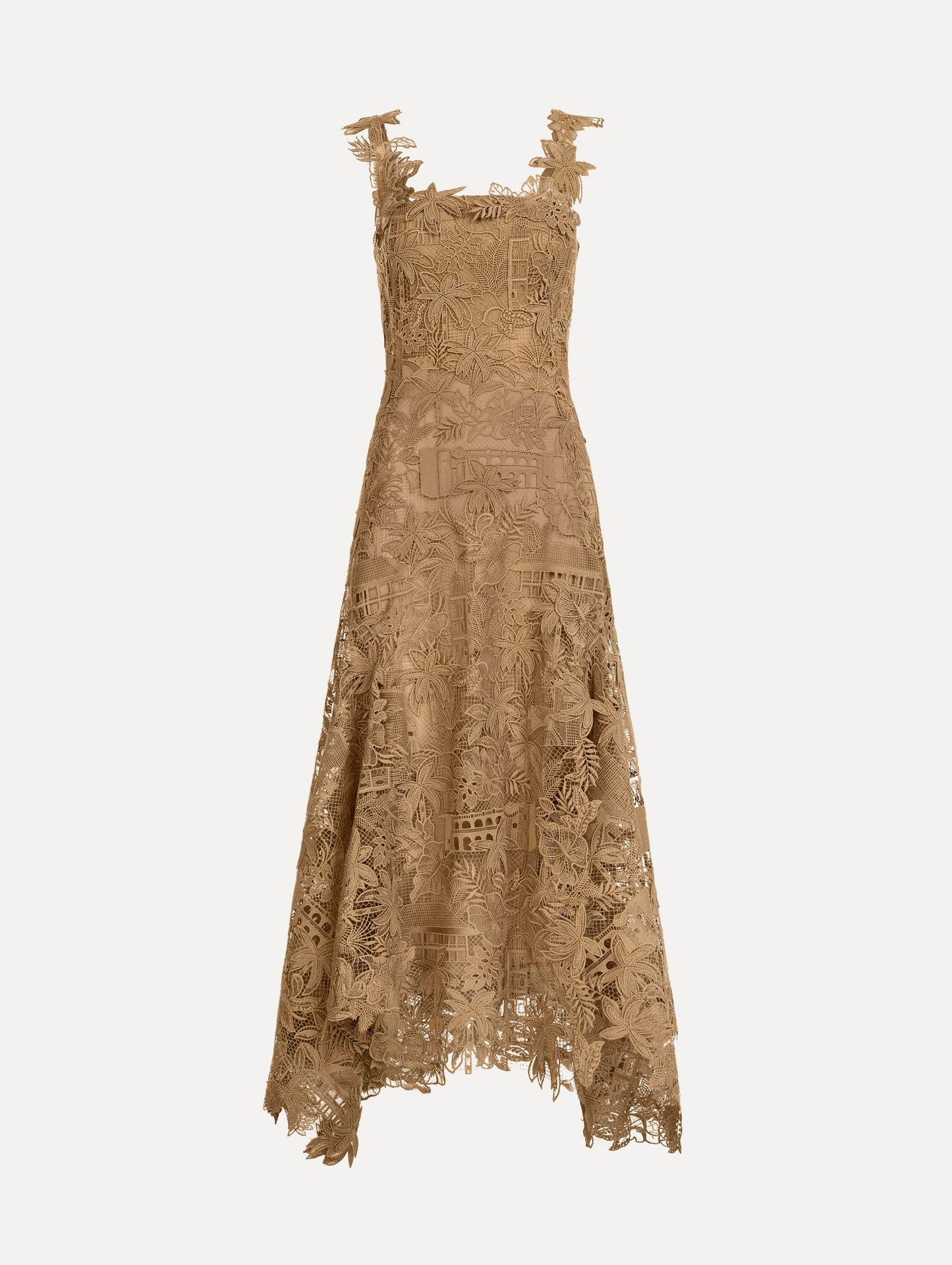 The Dominican Landscape Guipure Dress. Featuring a square neckline, tank straps, and lace guipure fabrication. Front View.