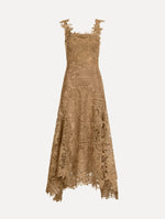 The Dominican Landscape Guipure Dress. Featuring a square neckline, tank straps, and lace guipure fabrication. Front View.