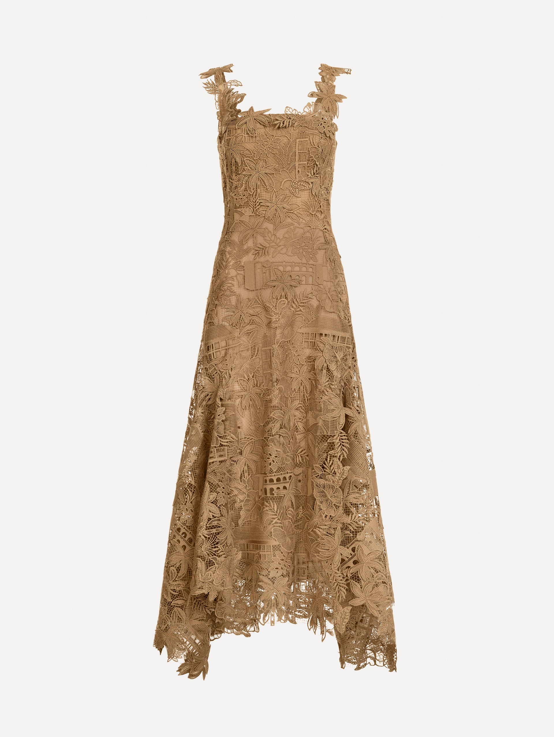 The Dominican Landscape Guipure Dress. Featuring a square neckline, tank straps, and lace guipure fabrication. Front View.