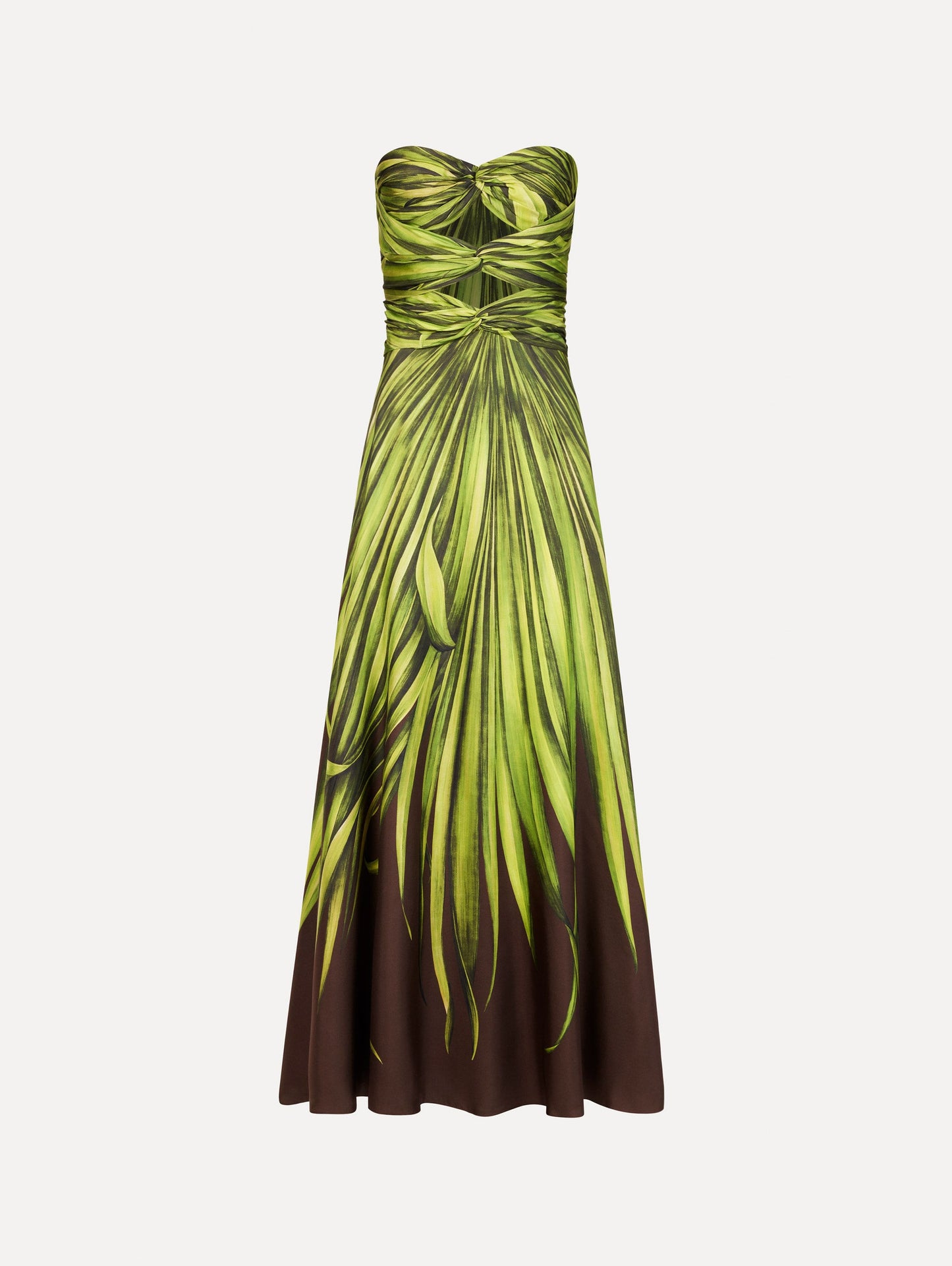 The Palm Leaves Silk Twill Cocktail Dress. Featuring a strapless silhouette, subtle cut-outs at the bodice, and a long skirt. Front View.