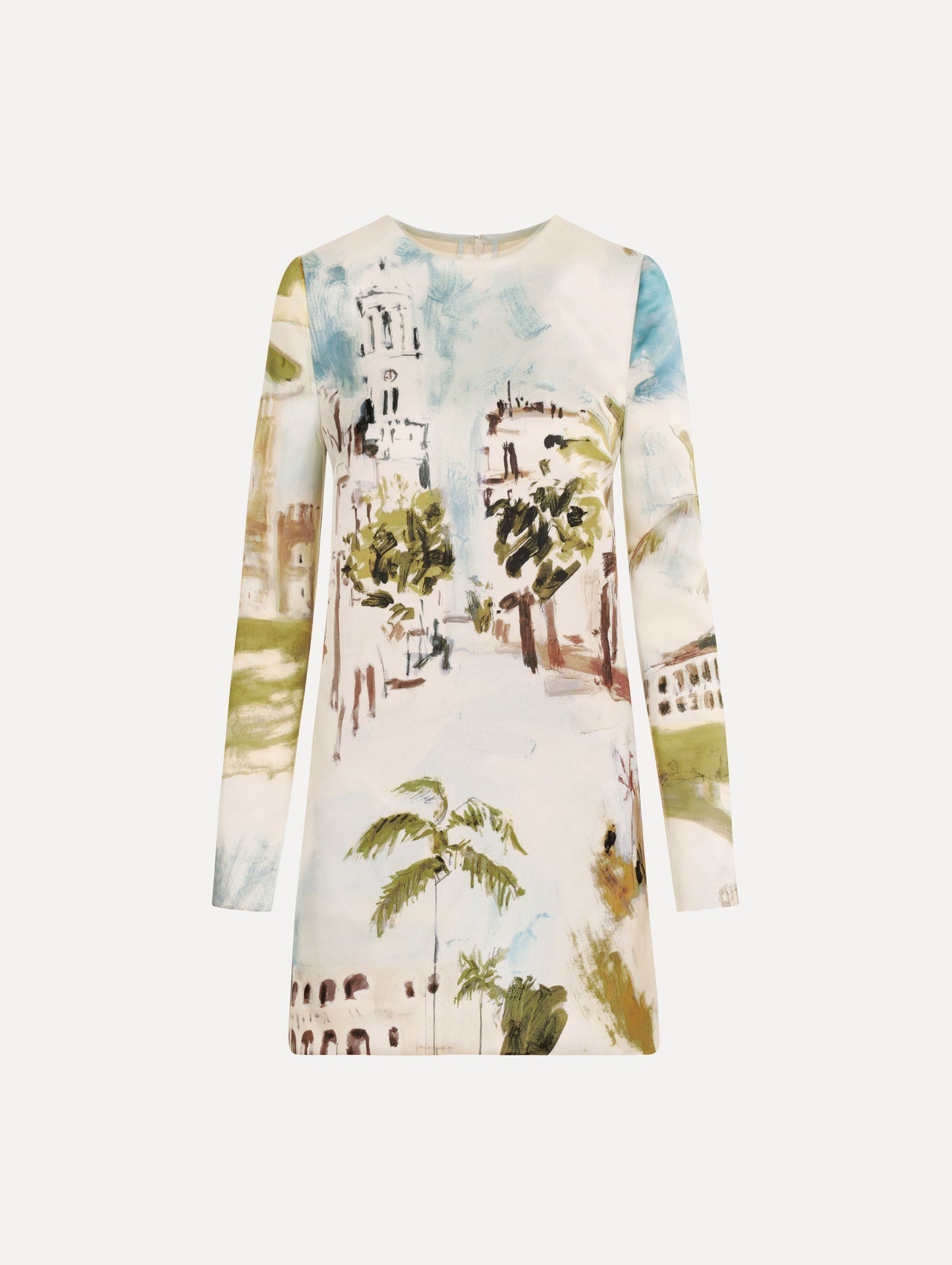 The Dominican Landscape Shift Dress. Featuring long sleeves and a mini length. Front View.