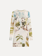 The Dominican Landscape Shift Dress. Featuring long sleeves and a mini length. Front View.