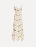 The Chiné Hibiscus Striped Cotton Poplin Dress in Ivory. Featuring a lace neckline, tank straps, and woven hibiscus motifs alternating with panels of faille and guipure lace, creating a striped composition. Front View.