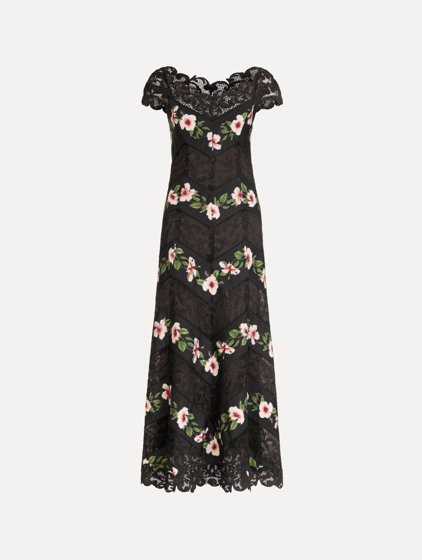 The Chiné Hibiscus Striped Faille Midi Dress in Black. Featuring off-the-shoulder cap sleeves, a midi length, and woven hibiscus motifs alternating with panels of faille and guipure lace, creating a striped composition. Front View.