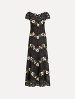 The Chiné Hibiscus Striped Faille Midi Dress in Black. Featuring off-the-shoulder cap sleeves, a midi length, and woven hibiscus motifs alternating with panels of faille and guipure lace, creating a striped composition. Front View.