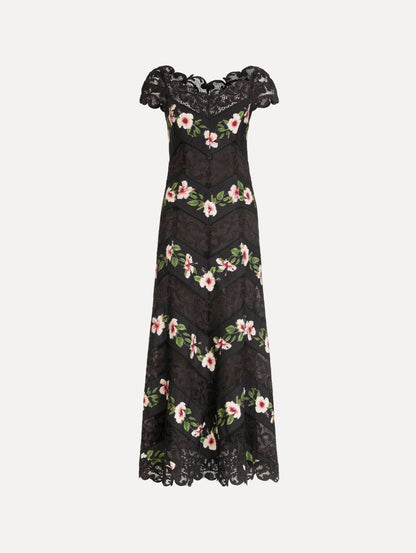 The Chiné Hibiscus Striped Faille Midi Dress in Black. Featuring off-the-shoulder cap sleeves, a midi length, and woven hibiscus motifs alternating with panels of faille and guipure lace, creating a striped composition. Front View.