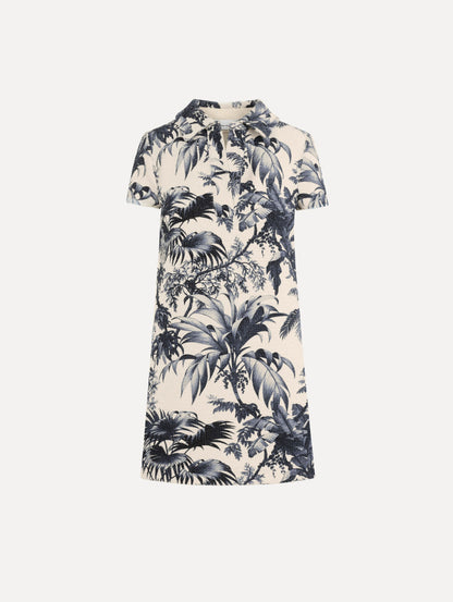 The Chiné Palm Leaves Shift Dress in ivory printed with navy palm leaves. Featuring a classic collar neckline, short sleeves, and mini length. Front View.