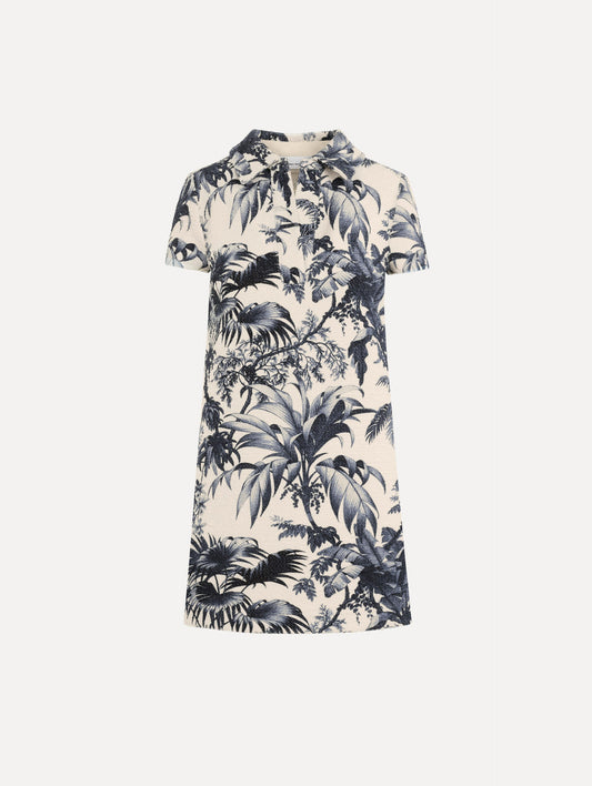 The Chiné Palm Leaves Shift Dress in ivory printed with navy palm leaves. Featuring a classic collar neckline, short sleeves, and mini length. Front View.