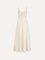The Slub Wool Tweed Midi Dress in Ivory. Featuring a softly structured silhouette and curved neckline accented with delicate fringe detailing. Front View.