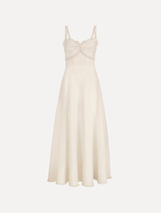 The Slub Wool Tweed Midi Dress in Ivory. Featuring a softly structured silhouette and curved neckline accented with delicate fringe detailing. Front View.