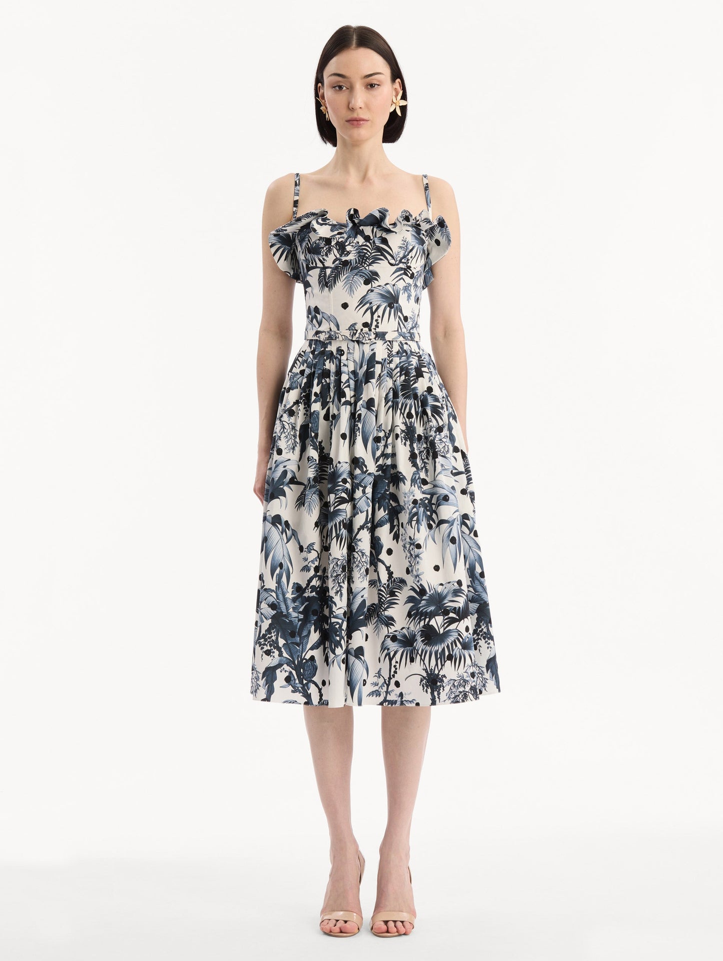 Dotted Palm Leaves Cotton Poplin Sleeveless Dress