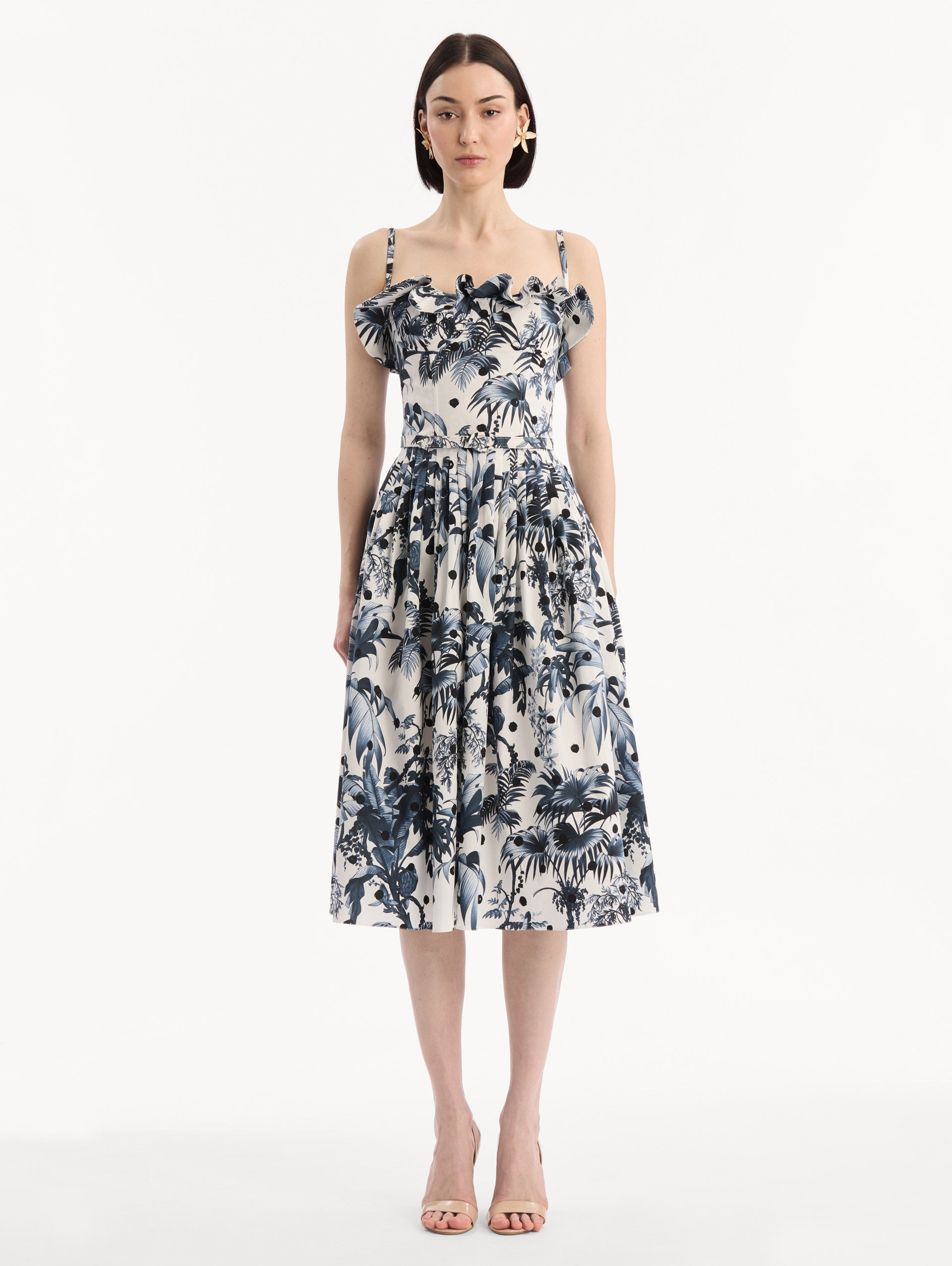 Dotted Palm Leaves Cotton Poplin Sleeveless Dress