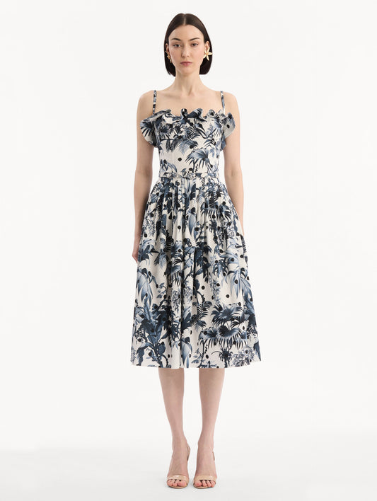 Dotted Palm Leaves Cotton Poplin Sleeveless Dress