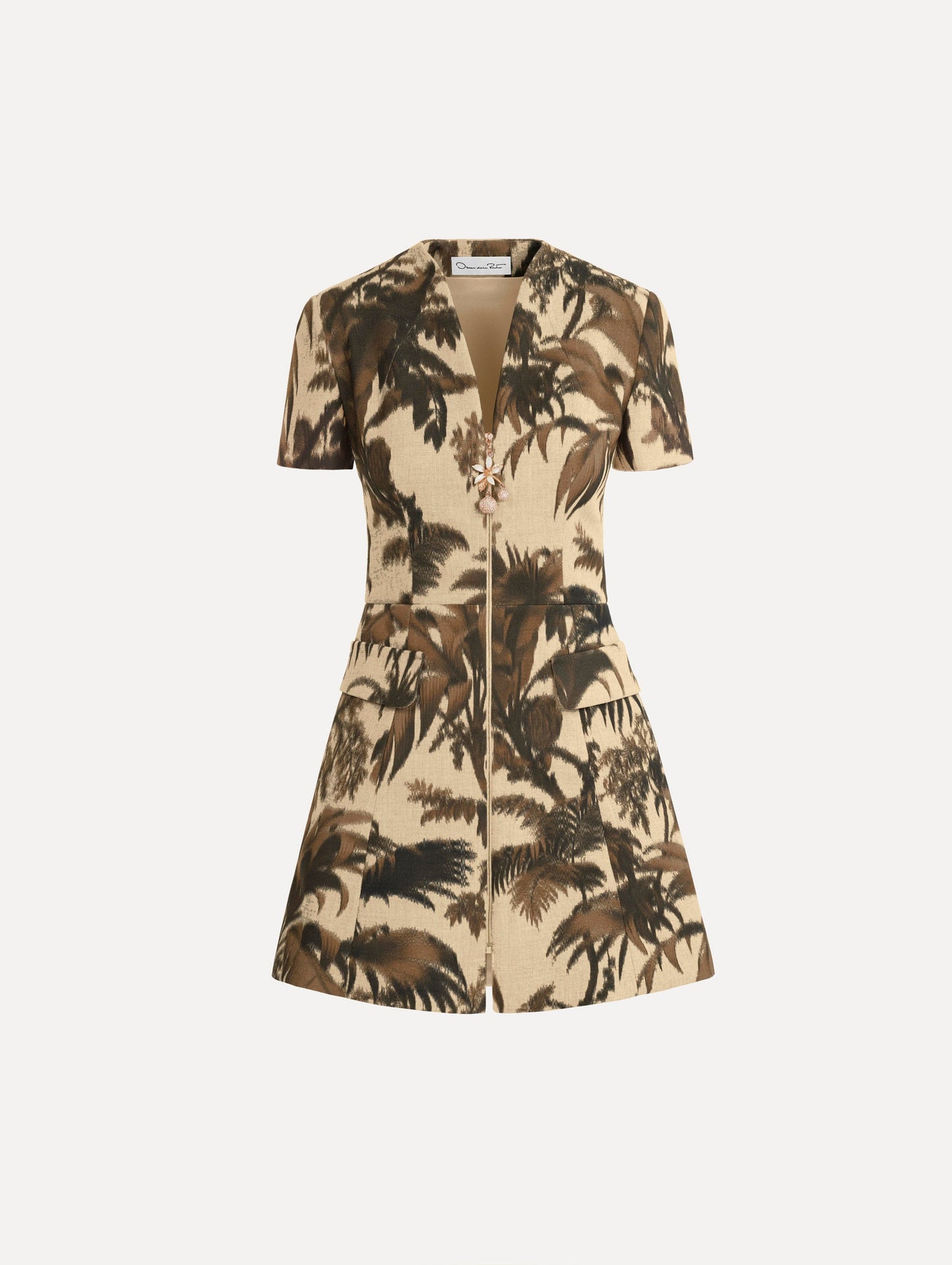 Chiné Palm Leaves Tweed Dress in Espresso and Ivory print. Front View.