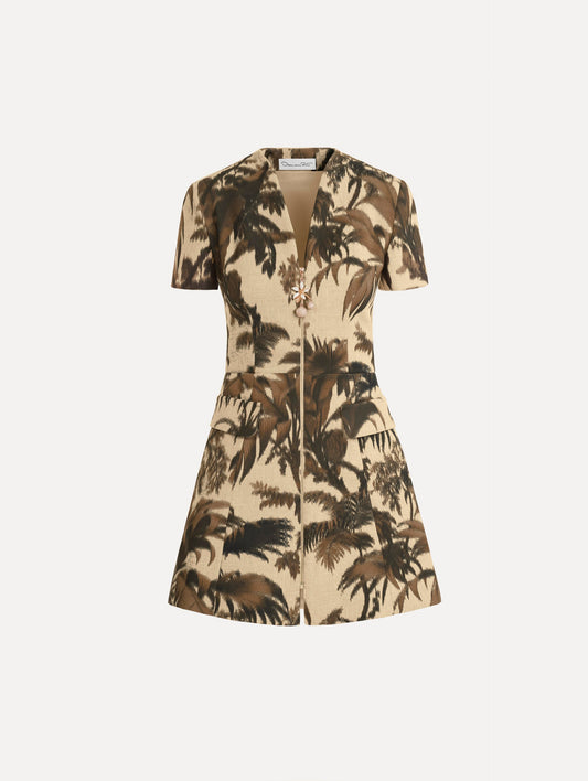 Chiné Palm Leaves Tweed Dress in Espresso and Ivory print. Front View.