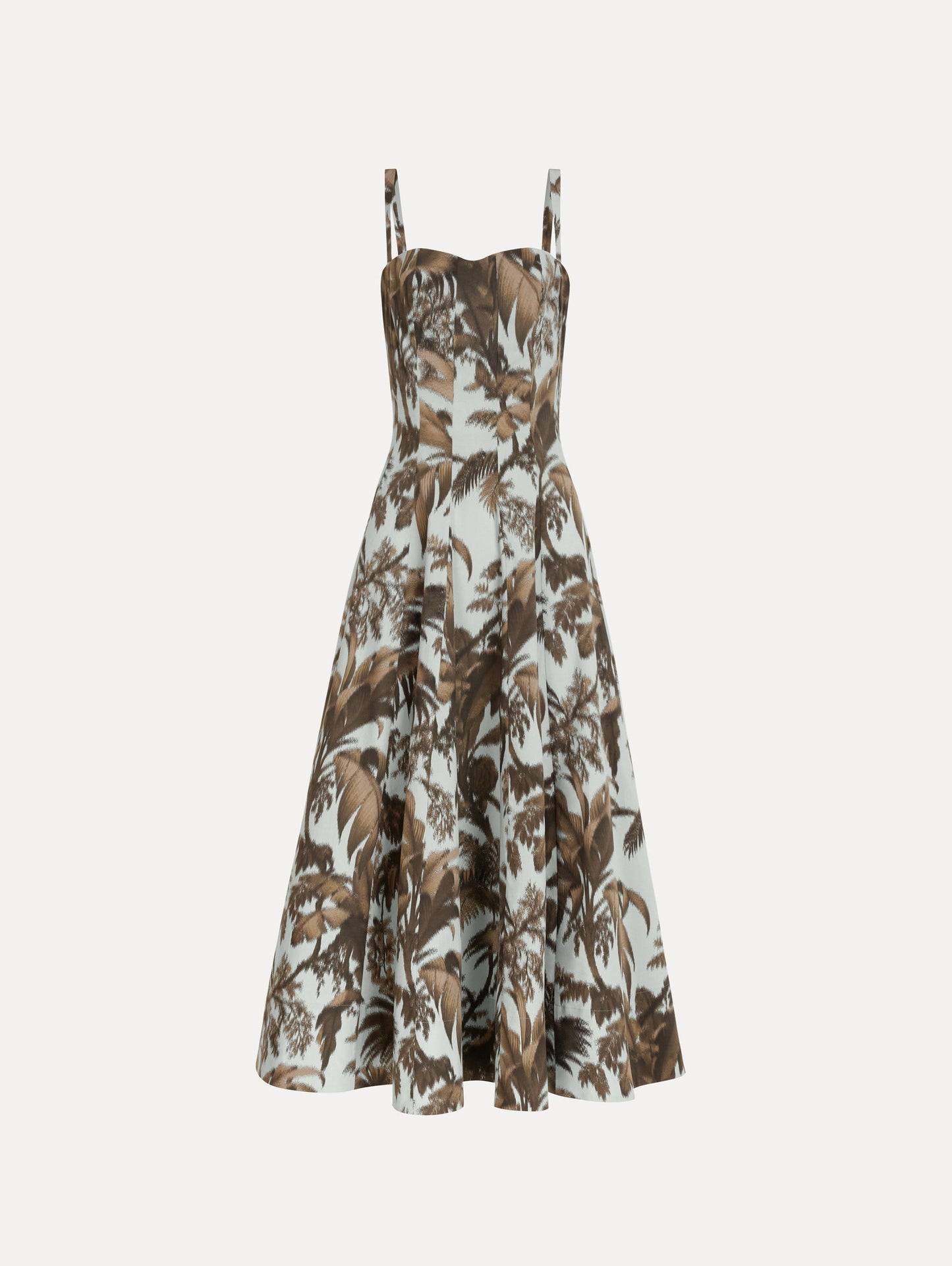 The Chiné Palm Leaves Cotton Poplin Dress in light blue printed with brown palm leaves. Featuring a subtle sweetheart neckline with tank straps, a softly structured bodice, and flowing midi skirt. Front View.