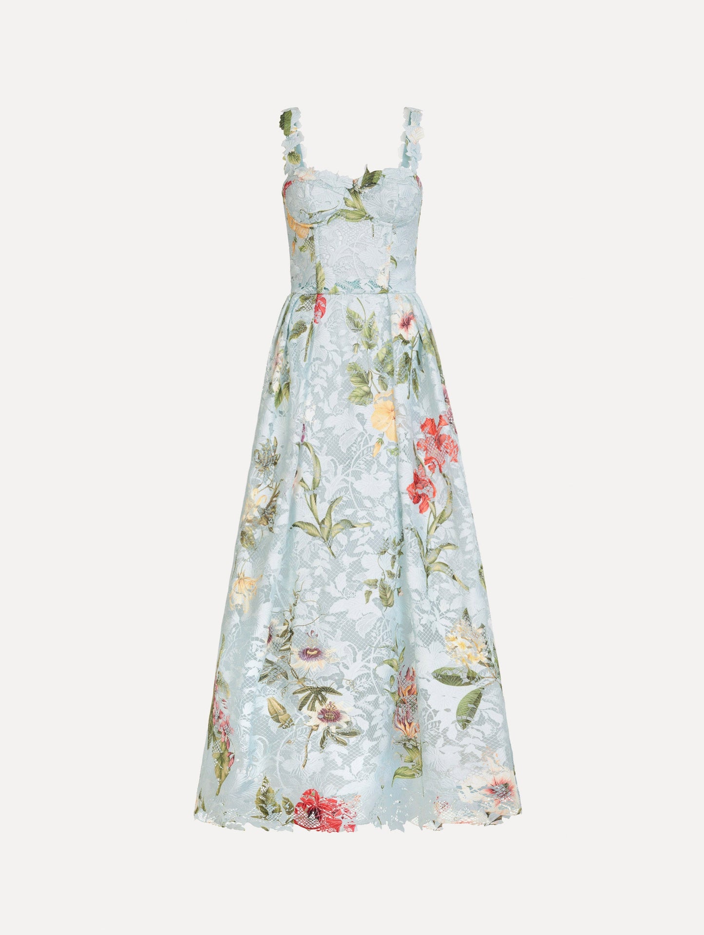The Dominican Mixed-Floral Guipure Cocktail Dress in Saltwater Blue. Featuring floral detailing on straps, sweetheart neckline, structured bodice, and full skirt. Front View.