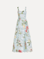 The Dominican Mixed-Floral Guipure Cocktail Dress in Saltwater Blue. Featuring floral detailing on straps, sweetheart neckline, structured bodice, and full skirt. Front View.