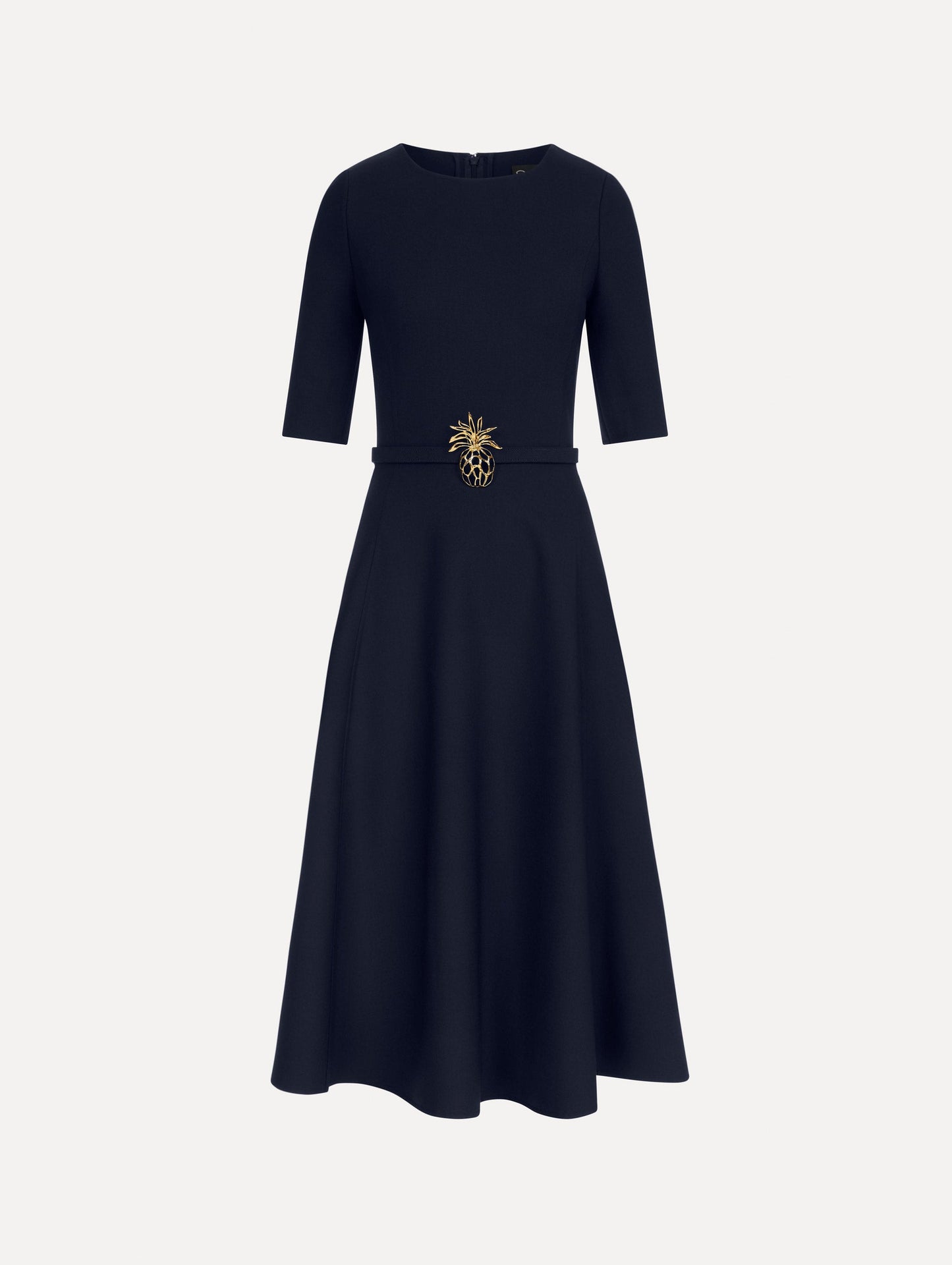 Pineapple Belt Wool Dress in Navy. Front View.