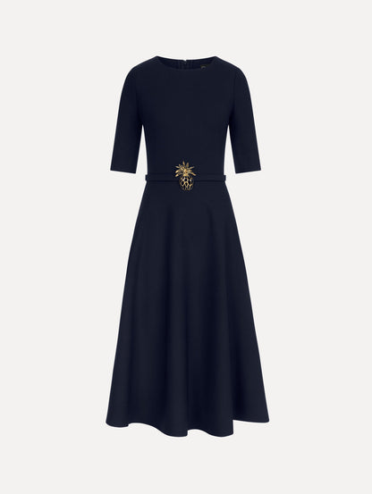 Pineapple Belt Wool Dress in Navy. Front View.