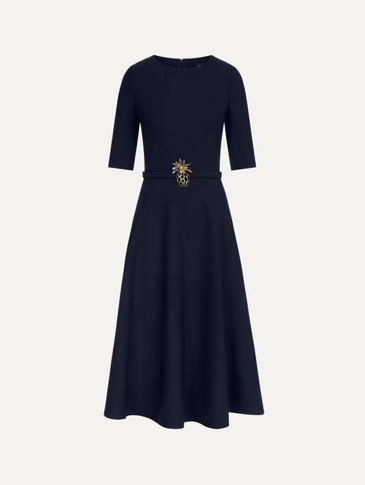 Pineapple Belt Wool Dress in Navy. Front View.