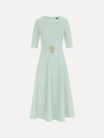 Pineapple Belt Wool Dress in Saltwater Blue. Front View.