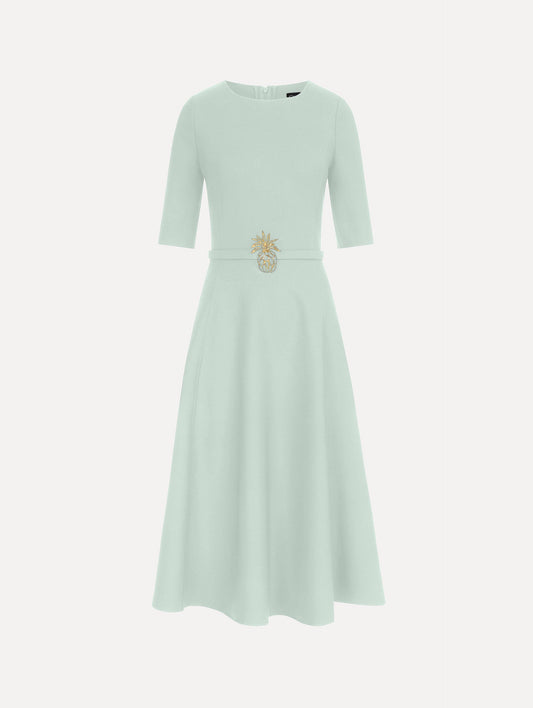 Pineapple Belt Wool Dress in Saltwater Blue. Front View.