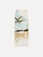 The Dominican Landscape Pencil Skirt printed in the Dominican landscape. Featuring a structured, column silhouette and midi length. Front View.