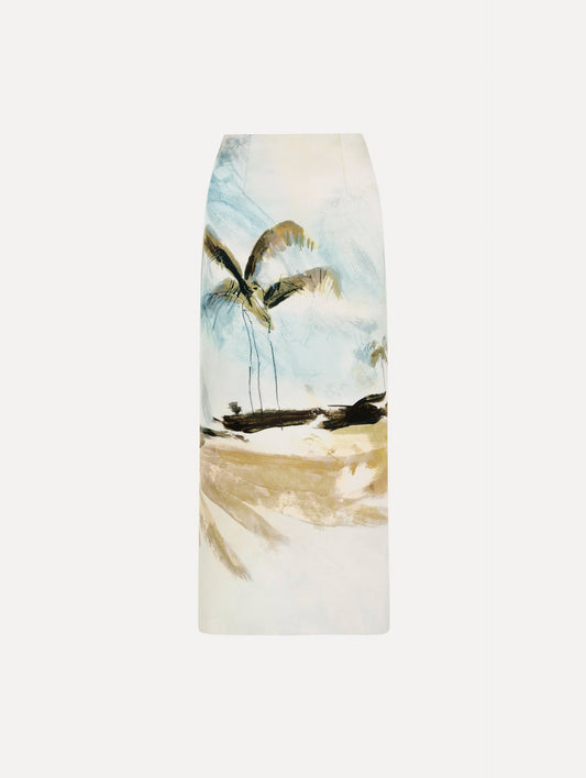 The Dominican Landscape Pencil Skirt printed in the Dominican landscape. Featuring a structured, column silhouette and midi length. Front View.
