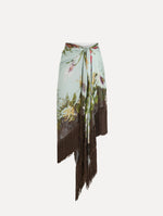 Dominican Mixed-Floral Fringe Skirt in Light Blue Multi. Front View.
