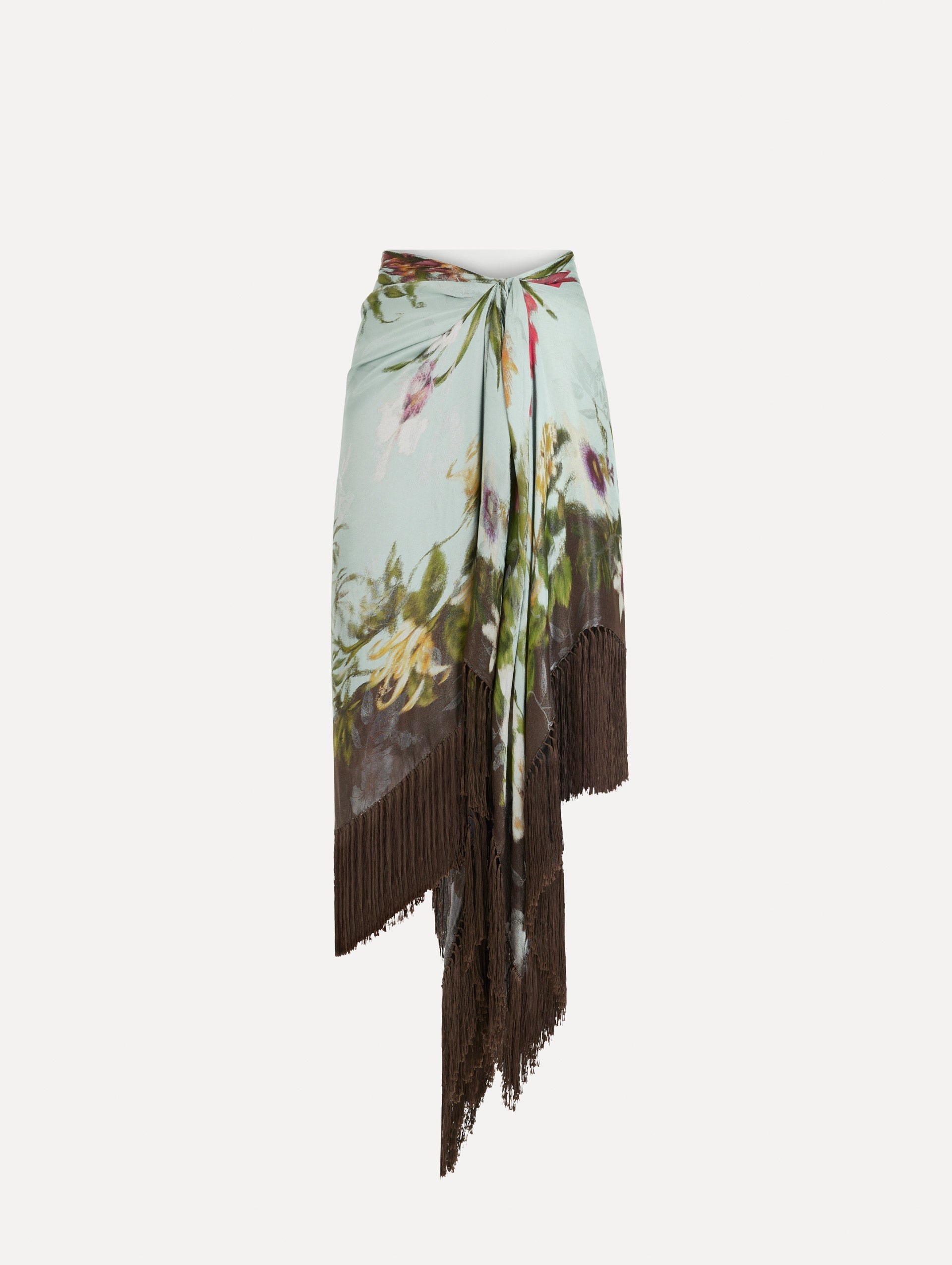 Dominican Mixed-Floral Fringe Skirt in Light Blue Multi. Front View.