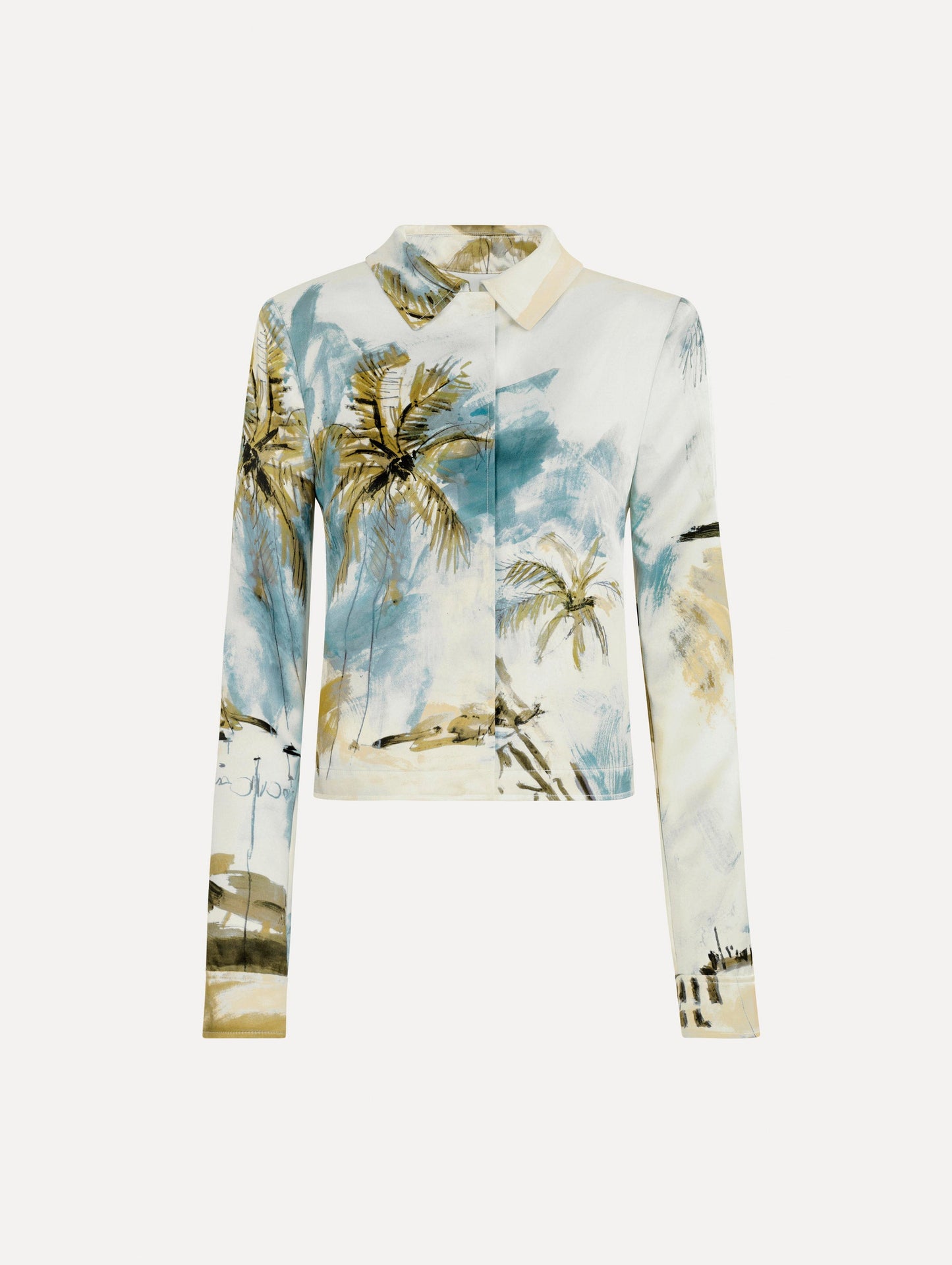 Dominican Landscape Jacket in Blue and Green multi. Front view.