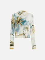 Dominican Landscape Jacket in Blue and Green multi. Front view.