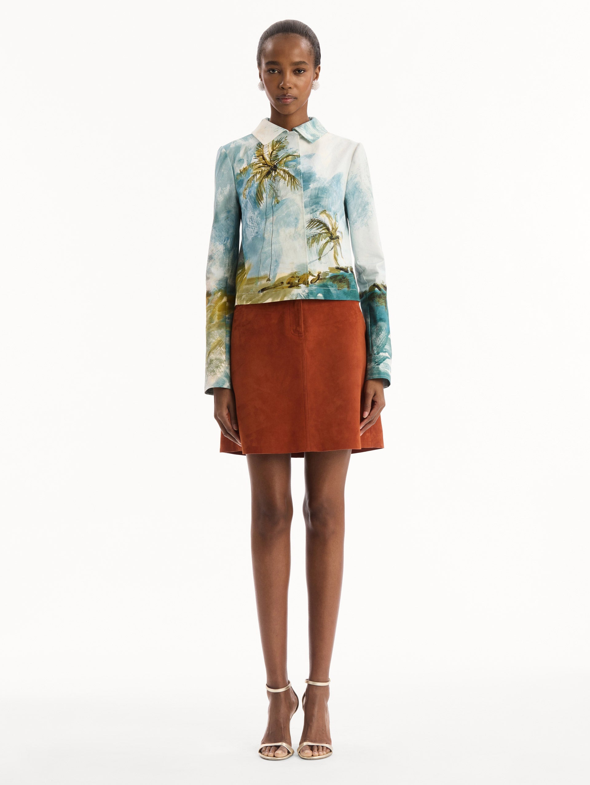Dominican Landscape Jacket in blue and green multi. Front view.