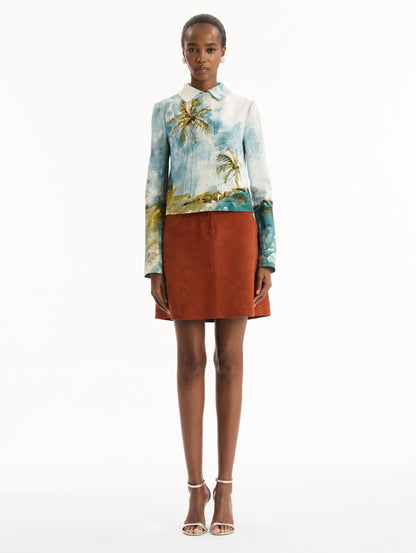 Dominican Landscape Jacket in blue and green multi. Front view.