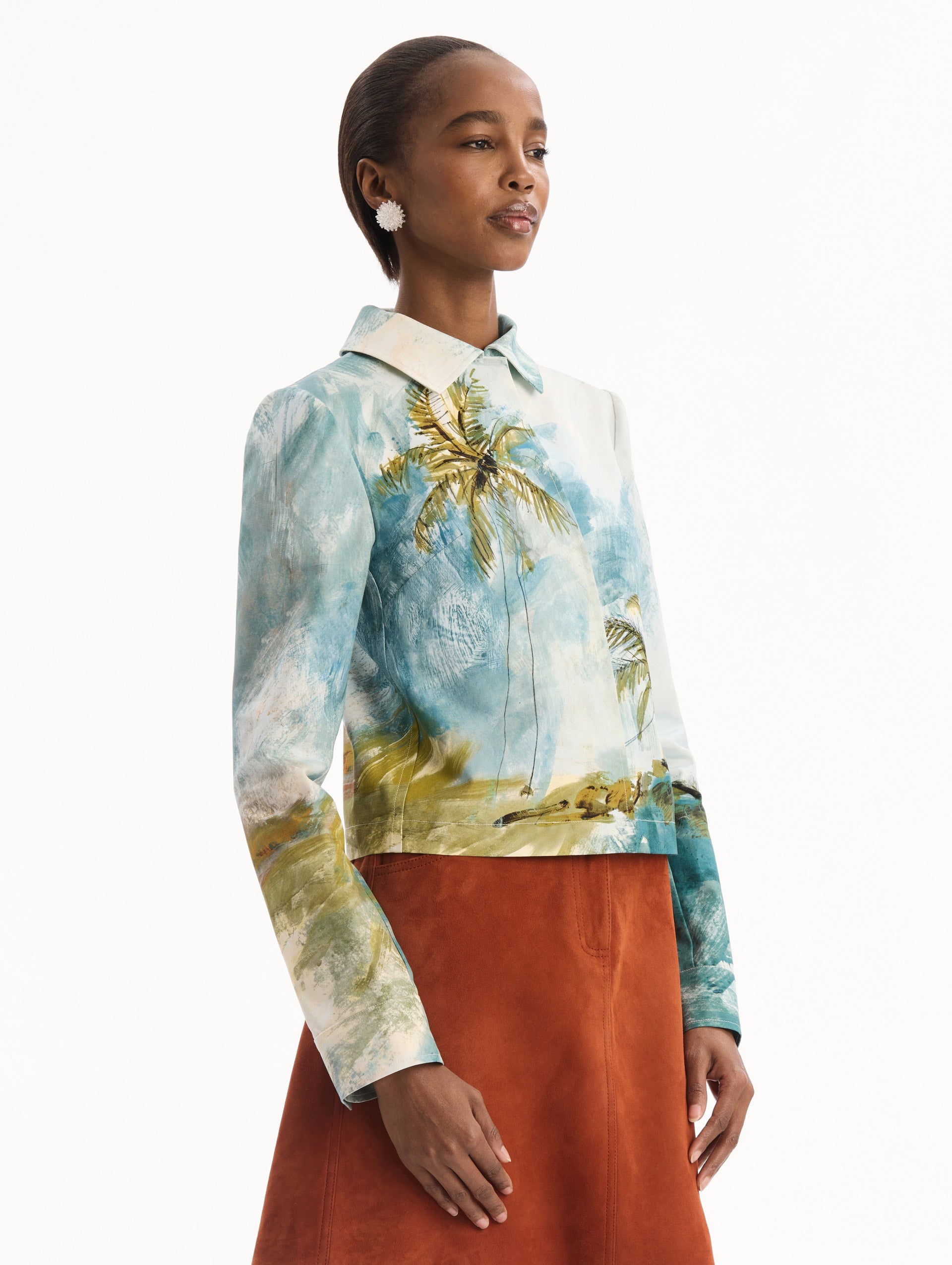 Dominican Landscape Jacket in blue and green multi. Side view.
