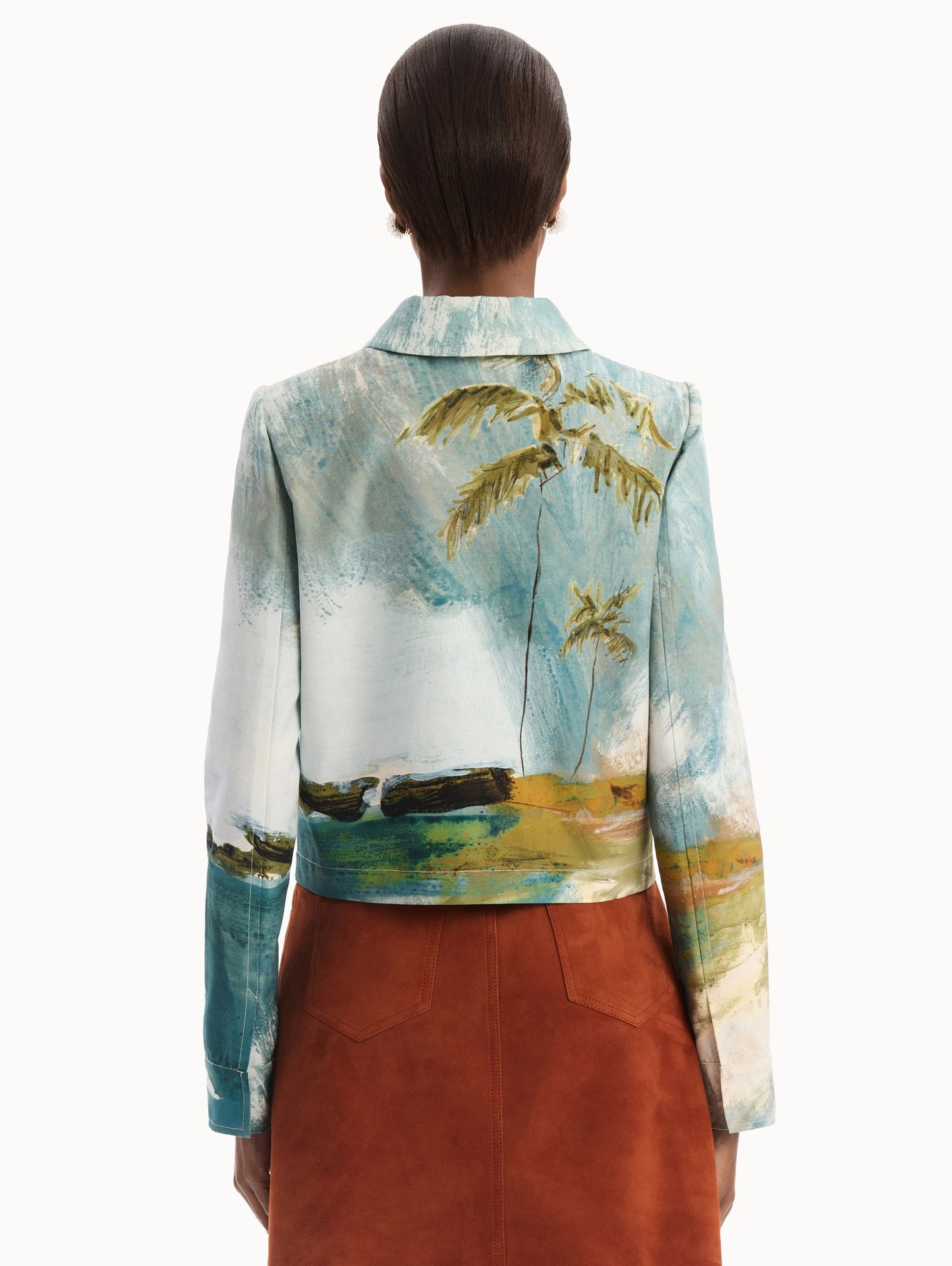 Dominican Landscape Jacket in blue and green multi. Back view.