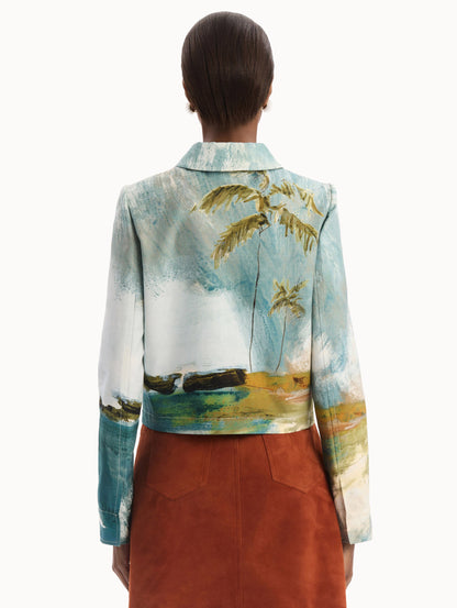 Dominican Landscape Jacket in blue and green multi. Back view.
