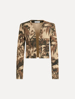 The Chiné Palm Leaves Jacket printed with brown palm leaves. Featuring long sleeves, front pockets with a button closure, and a tailored silhouette. Front View.