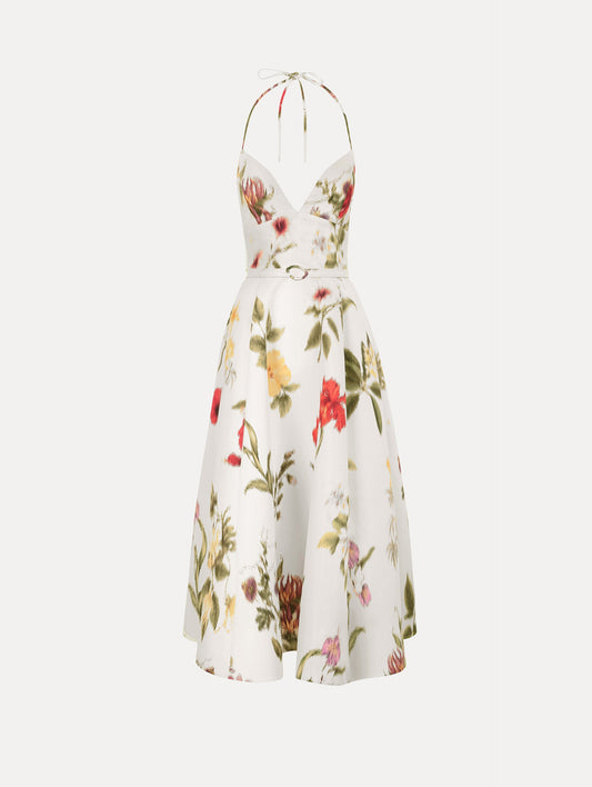 The Chiné Dominican Mixed-Floral Faille Cocktail Dress. Featuring a halter neckline, structured bodice, midi skirt, and belt at waist. Front View.