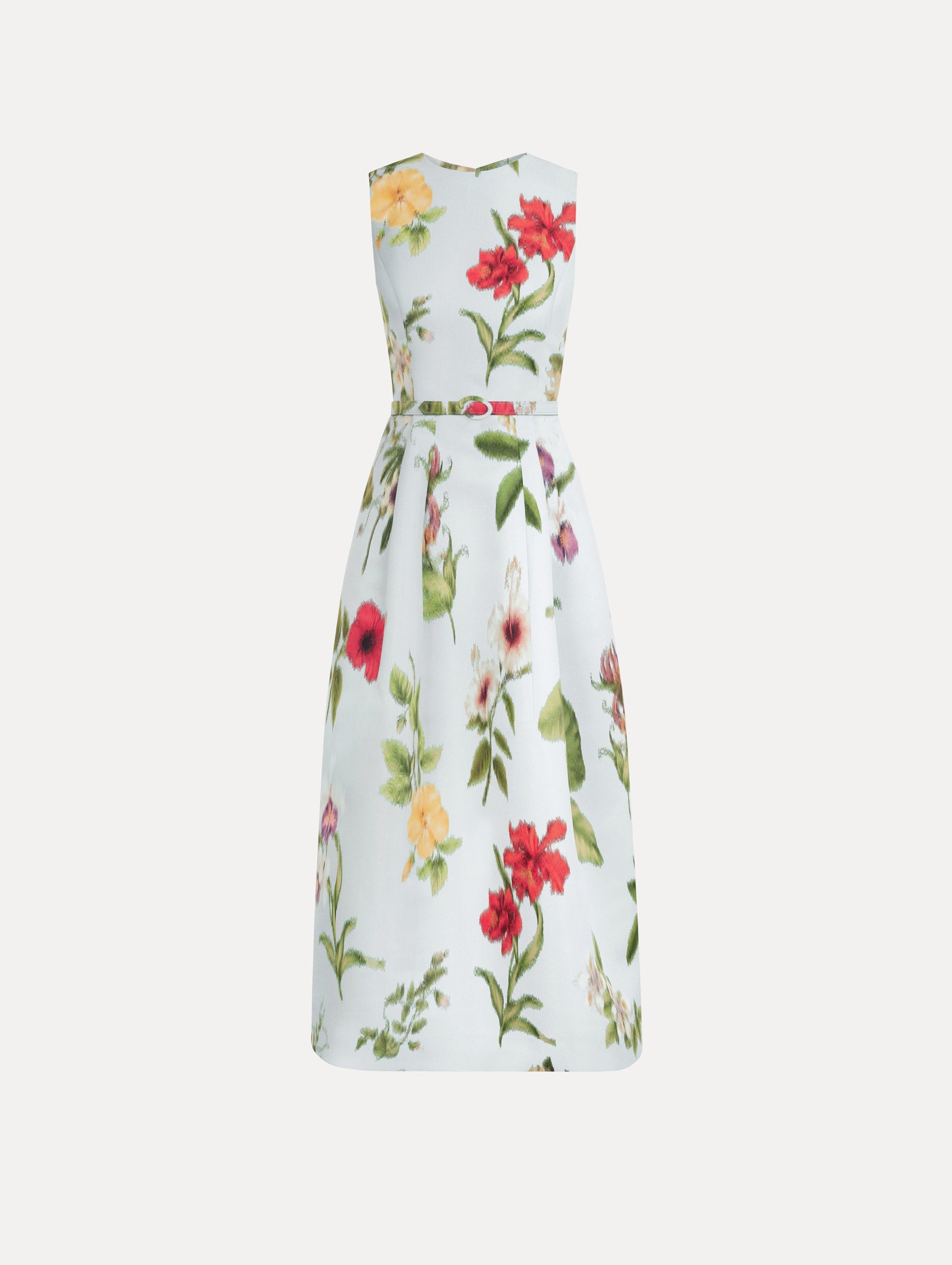 Chiné Dominican Mixed-Floral Faille Dress in Saltwater Multi. Front view.