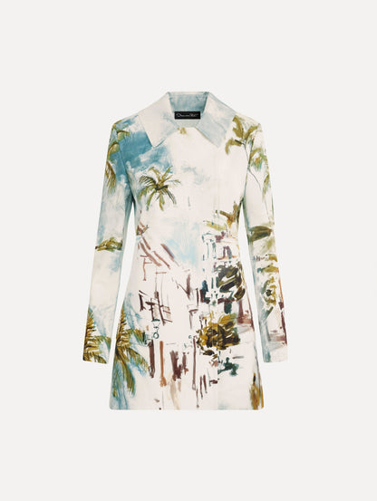 The Dominican Landscape Cotton Poplin Coat featuring an exaggerated collar, hidden buttons, front-flap pockets, and long sleeves. Front View.