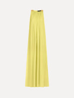 The Hibiscus-Detail Silk Chiffon Caftan in a light yellow-green color. Featuring a draping, gathered silhouette, long skirt, and sculptural hibiscus details at the shoulders. Front View.