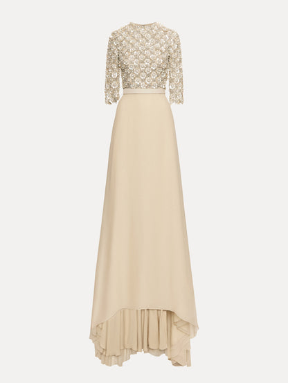 Bone Mother of Pearl Embroidered Gown with long, belted skirt and long sleeve embroidered bodice.