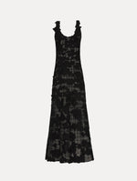 Black Floral Cutout Threadwork Gown with semi sheer floral pattern and flared floor length hem line. Front View.