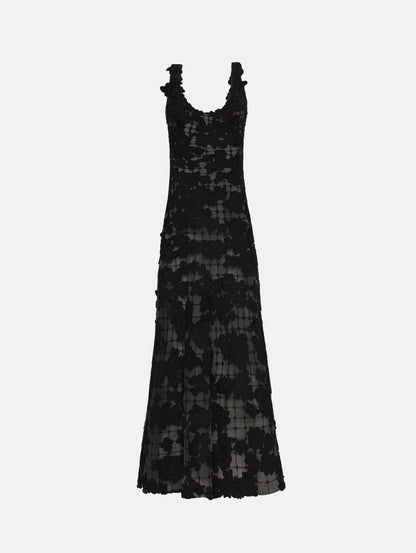 Black Floral Cutout Threadwork Gown with semi sheer floral pattern and flared floor length hem line. Front View.