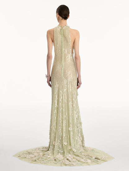 Light green ombre Foxglove Embroidered Sequin Tulle Gown with high sleeveless neckline and floral applique. Back View.