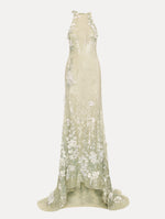 Light green ombre Foxglove Embroidered Sequin Tulle Gown with high sleeveless neckline and floral applique.